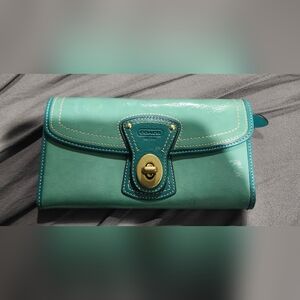 Coach Legacy Turnkey Wallet - Turquoise Blue Green Patent Leather